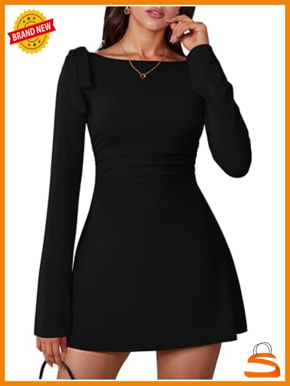 Women's Long Sleeve Boat Neck Bow Tie Ruched Bodycon Mini Dress Nylon Spandex